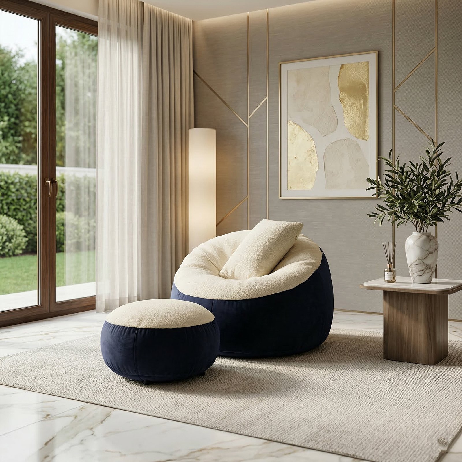 1 Giant Roll Fabrics Xxl 3pcs Combo Bean Bag- Navy Blue/Cream - Image 1