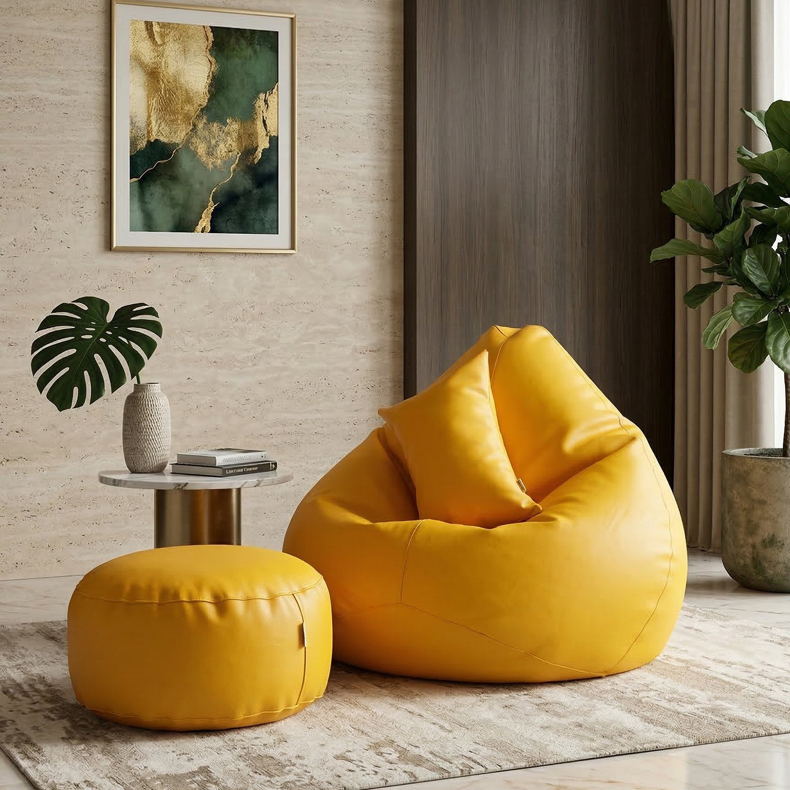 11 Faux Leather Xxl Pear Shape 3pcs Combo Bean Bag - Yellow - Image 1