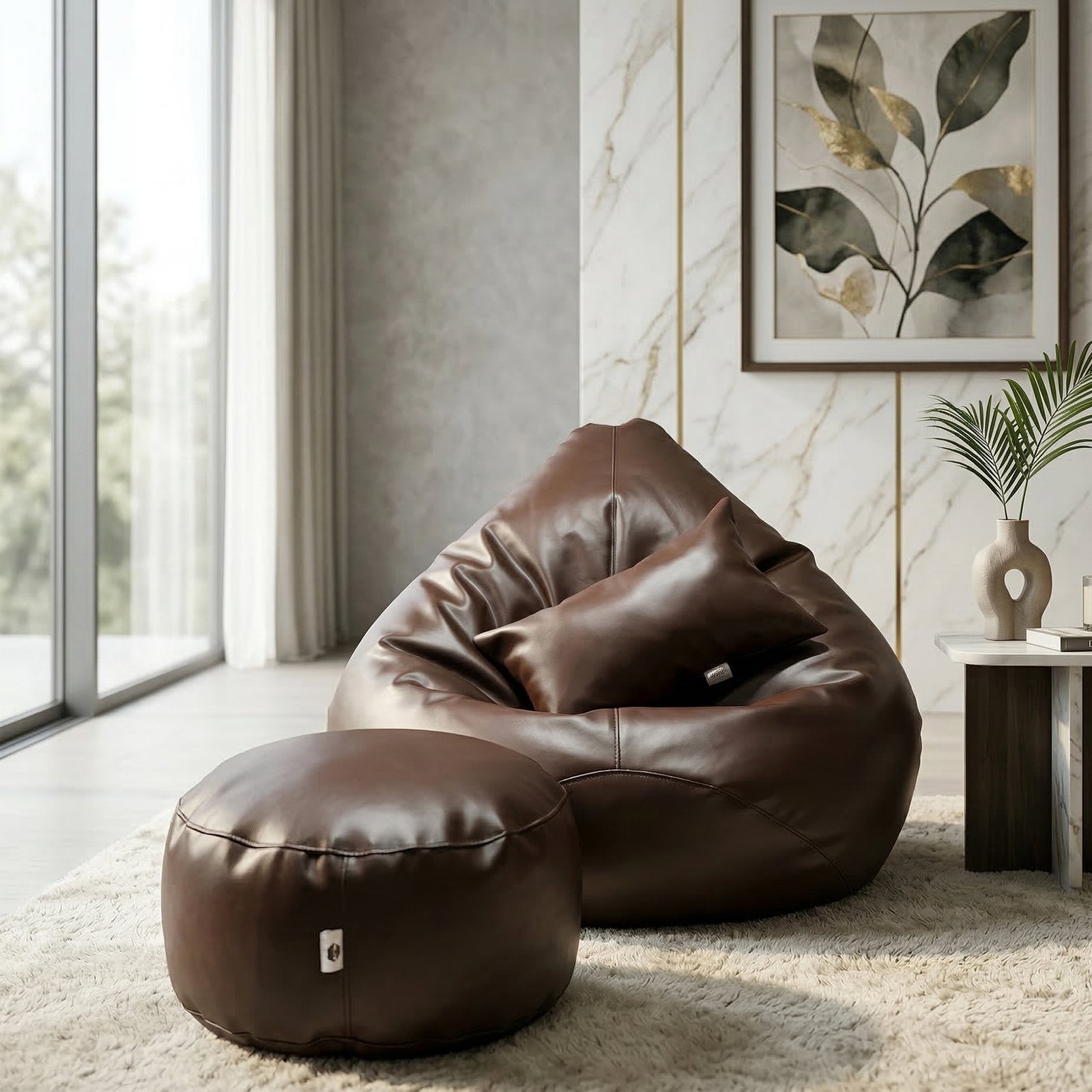 2 Faux Leather Xxl Pear Shape 3pcs Combo Bean Bag - Brown - Image 1