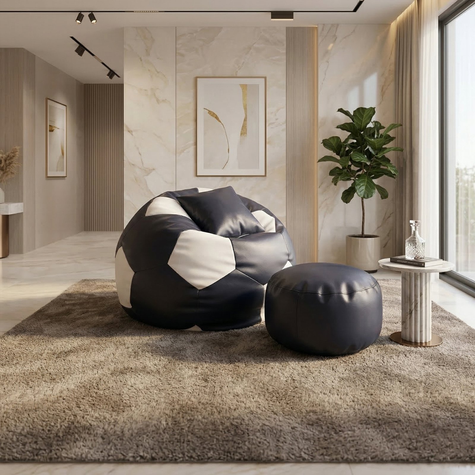 5 Faux Leather XxL Football Shape 3pcs Combo Bean Bag-Navy Blue/White - Image 1